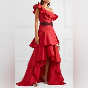 JOHANNA ORTIZ One-Shoulder Belted Ruffled Silk-Taffeta Gown